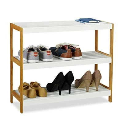 Imagen de Relaxdays Zapatero con 3 Estantes, Bambú, Tablero DM, Resistente, Blanco y Marrón, 58,5 x 70 26 cm