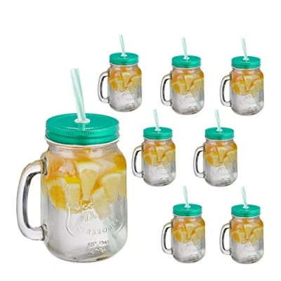 Imagen de Relaxdays Jarras con Tapa y Pajita, Set de 8 Jarritas Limonada, 500 ml, Verano, Vasos Retro Veraniegos Asa, Verde