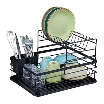 Imagen de Relaxdays Metal Escurreplatos Metálico, Soporte Secar Vajilla, 18 x 42,5 31,5 cm, Escurridor Platos Cubiertos Cocina, Negro, Hierro