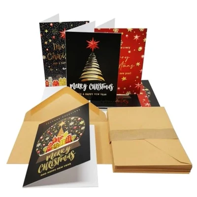Imagen de 24 tarjetas de Navidad doradas, gruesas con acabado dorado especial sobres papel kraft reciclados
