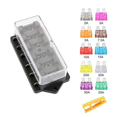 Imagen de Aiqeer 6 Vías Portafusibles Coche Impermeable, 12V / 24V 32V 48V Universal Caja Fusibles Cuchilla Estándar, con 10 Piezas Estándar (2A/3A/5A/7.5A/10A/15A/20A/25A/30A/35A)