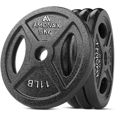 Imagen de Amonax discos pesas, 2,5kg, 5kg, 10kg mancuernas para barras olimpicos 50mm, de pesas metálicas levantamiento y empuje cadera, placas hierro fundido gimnasio en casa