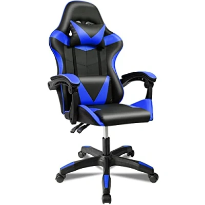 Imagen de T LoVendo Silla Gaming Ergonómica Escritorio para Videojuego, Ordenador, Oficina, Estudio. Cojín Lumbar y Cervical. Regulable en Altura reclinable. Azul