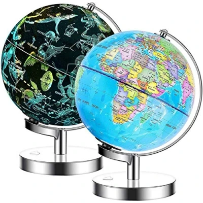 Imagen de Exerz 23cm Globo terráqueo iluminado Mapa en Inglés Soporte de Metal Político Constelación estrellas (Noche) Lámpara LED 2 1 iluminada sin cable