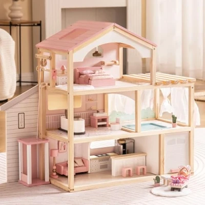 Imagen de ROBUD Casa de muñecas Madera,Villa con Muebles,con Ascensor, Garaje, cenador y Piscina,Regalo para niños a Partir 3, 4, 5, 6 años Mayores,Rosa