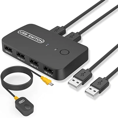Imagen de eppfun USB KVM Switch, Conmutador con control remoto, 2 Entradas y 4 Salidas para PCs, Teclado, Ratón, impresora, Escáneres (Admite adaptadores de audio USB)