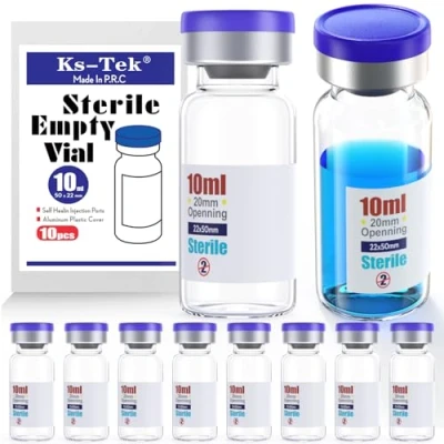 Imagen de Ks Tek Viales vacíos estériles con puerto de inyección autorreparable, tapa aluminio abatible, paquete estéril (10 ml, 10)