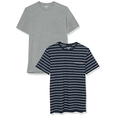 Imagen de Amazon Essentials Camiseta de manga corta con bolsillo, cuello redondo y corte ajustado Hombre, Pack 2, Azul Marino Rayas/Gris Mezcla, XS