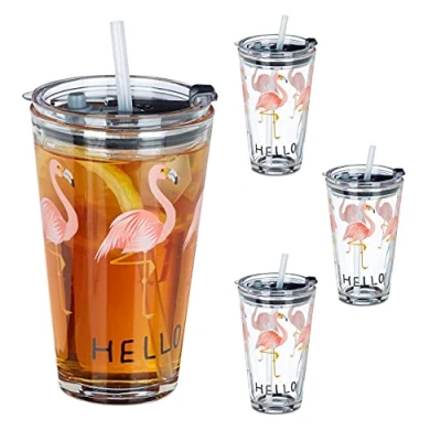 Imagen de Relaxdays Vasos con Tapa y Pajita, Set 4 Flamenco, 450 ml, Aptos para Lavavajilla, Jarras Batidos, Transparentes, 9 cm,