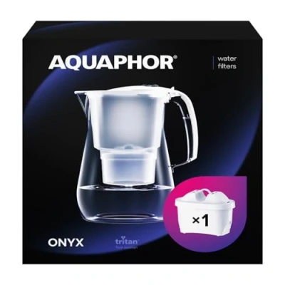 Imagen de AQUAPHOR Jarra de filtro Agua Onyx Blanco Capacidad 4.2L, 1 MAXFOR+ incluido, reduce la cal, el cloro y los microplásticos, perfecta para familias, con efecto vidrio