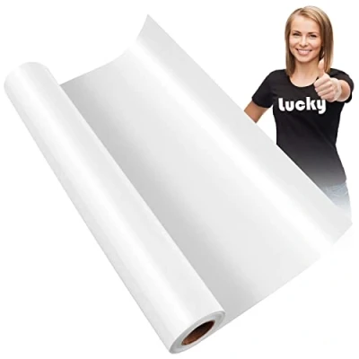 Imagen de KEWUZY lámina para plóter textil blanco, 30,5 cm x 5 m, vinilo de transferencia térmica, transferencia, flexible plancha, prensa caliente, camisetas y más telas, patrón DIY