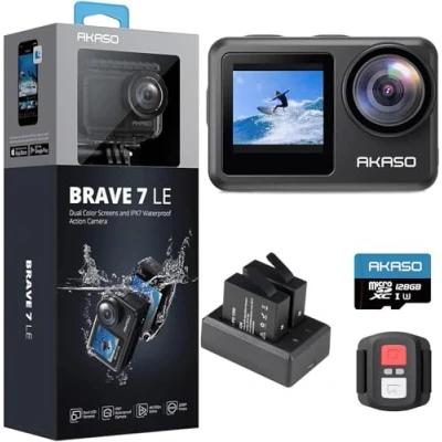 Imagen de AKASO Brave 7 LE Cámara Deportiva 4k30FPS 20MP WiFi con Tarjeta de Memoria U3 128 GB, Acuatica Sumergible 40M IPX7, Resistente al Agua, EIS, Pantalla Táctil