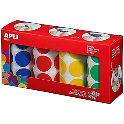 Imagen de APLI Kids 14769 Pack rollos de gomets redondos Ø 33 mm amarillo, azul, rojo y verde 4 u.