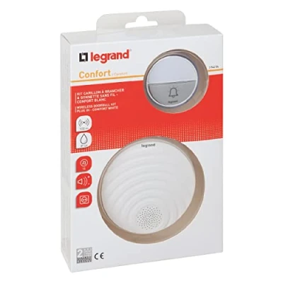 Imagen de Legrand, 094254 timbre inalámbrico (230 V, con pulsador impermeable IP44, funciona pilas, 1 gong enchufe para enchufes, 15 melodías, de alcance 100 m)