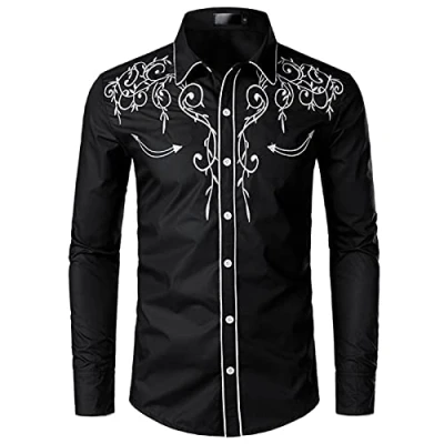 Imagen de NW Camisa de vaquero occidental para hombre con estilo bordado slim fit casual manga larga camisas boda fiesta camisa, Negro, M
