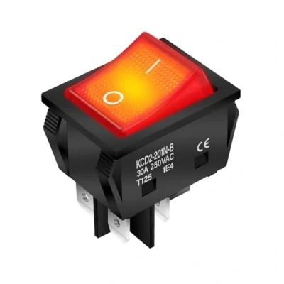 Imagen de interruptor basculante rojo 30 A 250 4 pines, tamaño de montaje x 22 mm, encendido/apagado iluminado
