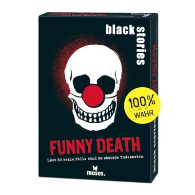 Imagen de moses. Black Stories Funny Death 50 Puzzles con Casos Reales Alrededor de absurdas muertes, Juego Cartas Crimen Variante y fichas puntuación, para jóvenes