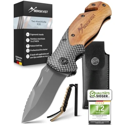 Imagen de BERGKVIST® K20 Cuchillo Plegable (navaja de dos manos) con mango madera y aleación titanio Navaja bolsillo 3 en 1 rompecristales cortacinturones