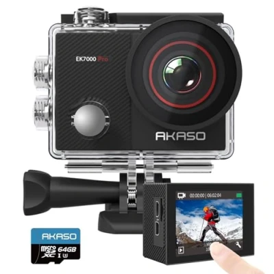 Imagen de AKASO EK7000 Pro Cámara Deportiva 4K con Tarjeta de Memoria microSDXC 64 GB Acción 20MP WiFi Sumergible Acuática 40M EIS Control Remoto Multi Accesorios