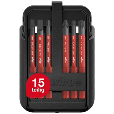 Imagen de Wiha Juego de bits slimBit electric ranurados, Phillips, Pozidriv, PlusMinus/Pozidriv, TORX®, 15 unid., incl. cajas slimBits y clip (43162)