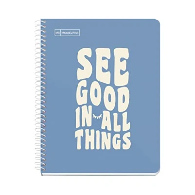 Imagen de Miquelrius Cuaderno A5, Notebook mensajes, 1 Franja de color, 100 Hojas 90 g/m², Rayado cuadrícula 5 mm, 2 Taladros, Cubierta cartón duro, Color azul Capri