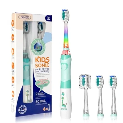 Imagen de Cepillo electrico infantil, Seago de dientes infantil con luz colores, 4 cabezal recambio extra suaves, Temporizador 2 minutos, Apto para niños mayores 3 años SG977 (verde)