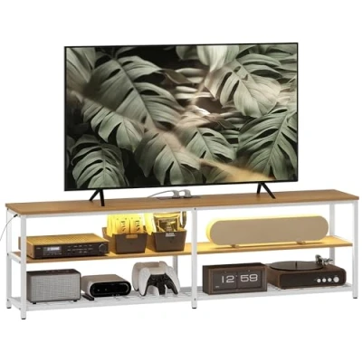 Imagen de HOMCOM Mueble de TV Industrial para Salón con Luces LED Control Remoto Extensión Cargar y 2 Compartimentos Abiertos Televisión 65 Pulgadas 159x29x46,5 cm Natural