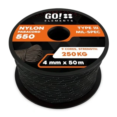 Imagen de GO!elements 50m Paracord de Nylon a Prueba desgarros 4mm 550 Typo III Cuerda Adecuado como Yute &amp; Gruesa MAX. 250kg, Color: Negro Reflectante