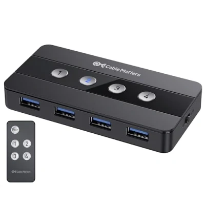 Imagen de Cable Matters Conmutador USB 3.0 de 4 Puertos para PC y periféricos (Switch 3.0) Conmutación por botón o Mando a Distancia Incluye Adaptador C Thunderbolt 3
