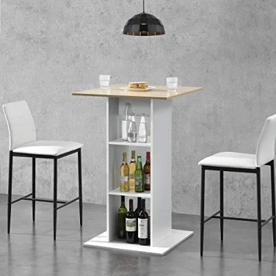 Imagen de [en.casa] Mesa de Bar Bistro Elegante 70 x 110 cm Alta Cocina Barra integrada para Bebidas con 3 Estantes Blanco y Color Roble