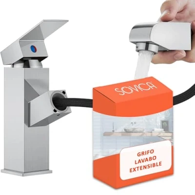 Imagen de grifo lavabo extensible acero inoxidable monomando agua fria y caliente con 2 mangueras incluidas baño