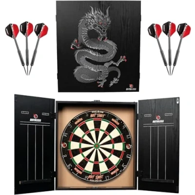 Imagen de RUTHLESS Home Darts Centre Centro completo de tablero dardos para el hogar, incluye gabinete, diana y 2 juegos (dragón)