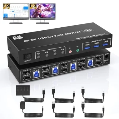 Imagen de 8K60Hz Displayport KVM Switch 2 Monitors 4 Computers, 4K120Hz Dual Monitor Conmutador Switcher DP1.4 Para Ordenadores Que Comparten Monitores y 3 Dispositivos USB 3.0 Salida Audio Micrófono