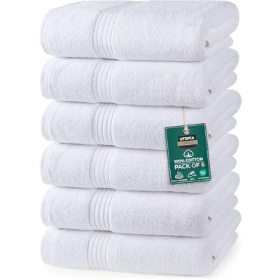 Imagen de Utopia Towels Juego de 6 Toallas Mano Lujo, (41 x 71 CM) 100% Algodón Hilado en Anillos, Ligeras y Altamente Absorbentes para Baño, Viaje, Camping, Hotel SPA (Blanco)