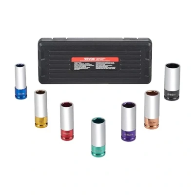 Imagen de VEVOR Juego de Dados Impacto para Tuercas Rueda Kit Profundos Métricos 6 Puntas con Impulsión 12,7 mm, 7 Tamaños 17/19/21/22/23/24/27 mm Estuche Almacenamiento