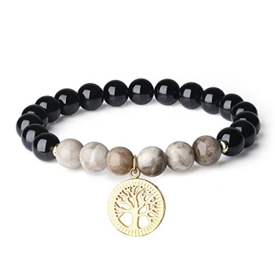 Imagen de COAI Pulsera de Turmalina Negra y Jaspe Hoja Plata con Amuleto Árbol la Vida