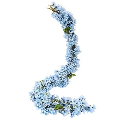 Imagen de JUSTOYOU 2pcs 5.7FT Artificial Sakura Flor de Cerezo Flores Colgantes Vid Falsa Corona Oriental decoración Boda para Fiesta en casa (Azul