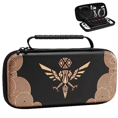Imagen de TiMOVO Funda Compatible con Nintendo Switch OLED 2021/Switch, Estuche de Transporte Tema Zelda, Bolso Viaje Resistente al Agua 10 Cartuchos Juegos para Consola y Accessorios, Oro Negro