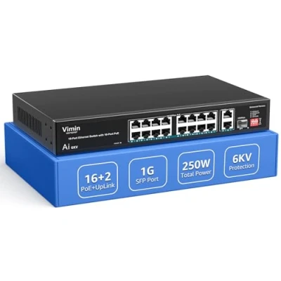 Imagen de Switch PoE de 16 Puertos con 2 Gigabit Uplink y 1 SFP, VIMIN Red 19 no Gestionado 10/100Mbps PoE, AI Watchdog, VLAN, Extender 250m, IEEE802.3af/at
