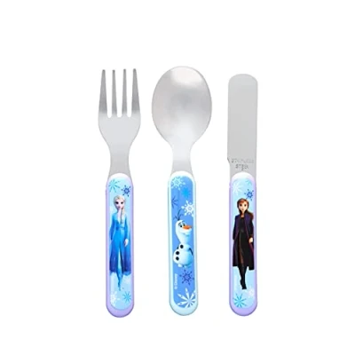 Imagen de Disney II Frozen Juego de cubiertos 3 piezas metal, cuchillo, tenedor y cuchara reutilizables para niños, tamaño infantil, hecho acero inoxidable apto alimentos plástico ABS, con