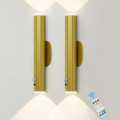 Imagen de HARPER LIVING Lámpara de pared dorada a pilas con sensor movimiento, luces LED recargables para interiores, luz nocturna regulable dormitorio, iluminación escaleras (juego 2)