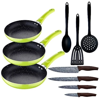 Imagen de Set 3pc sarten (20+24+28cm) aluminio prensado verde con 3pcs utensilios de cocina 4pc cuchillos acero inoxidable