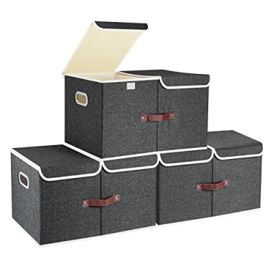 Imagen de TYEERS Caja de Almacenaje con Compartimentos Extra Grande, Tela, Plegable, Organizadora, 55x33x30 cm, Juego 3, Negro