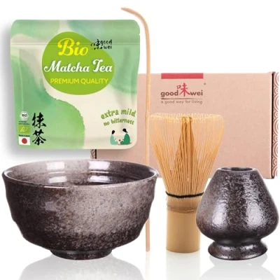 Imagen de Goodwei BIO Matcha Juego de té japonés orgánico Vert con batidor bambú, taza Tazón artístico Caja regalo (Goma, Soporte Batidor)