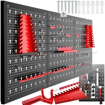 Imagen de tectake® Organizador de Herramientas Pared, Panel Perforado, Estantería Taller con 25 Ganchos, Banco Herramientas, Bricolaje, Tablero Perforado