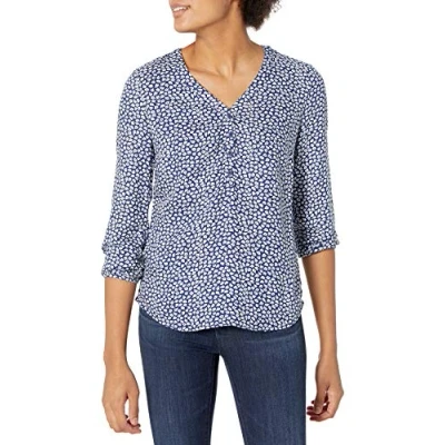 Imagen de Amazon Essentials Camisa Popover con Botones y Mangas 3/4 Mujer, Azul Oscuro Blanco Pétalo, XS