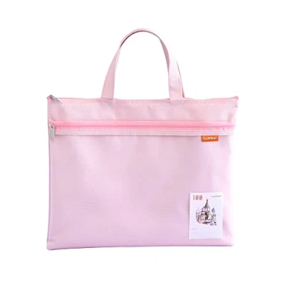 Imagen de bolsa de documentos A4 con cremallera, malla nailon impermeable doble cremallera y una pequeña etiqueta, viaje para estudiantes oficina, rosa