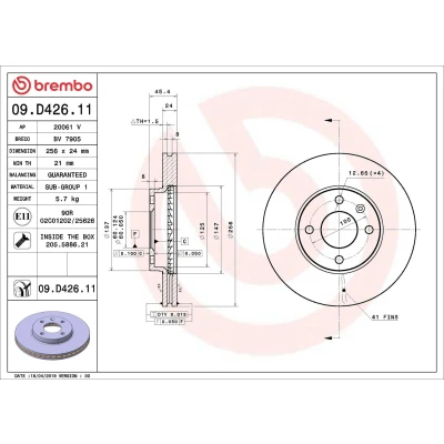 Imagen de BREMBO 09.D426.11 Disco de freno 256 24 4 ventilación interna revestido con tornillos CHEVROLET: Aveo Hatchback, Berlina