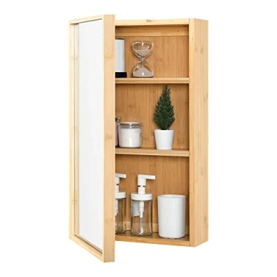Imagen de Mueble de Pared para Baño con Espejo y Puerta Armario Colgante 2 Estantes Ajustables en Altura Auxiliar Suspendido Bambú 61 x 35 14 cm Natural