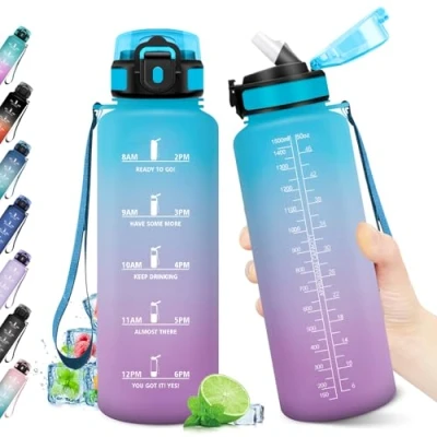 Imagen de Botella Agua 1.5L, con Pajita, Motivacional, Cantimplora Reutilizable, Marca de Tiempo, sin BPA, para Gimnasio, Oficina, Escuela, Sport, Bicicleta